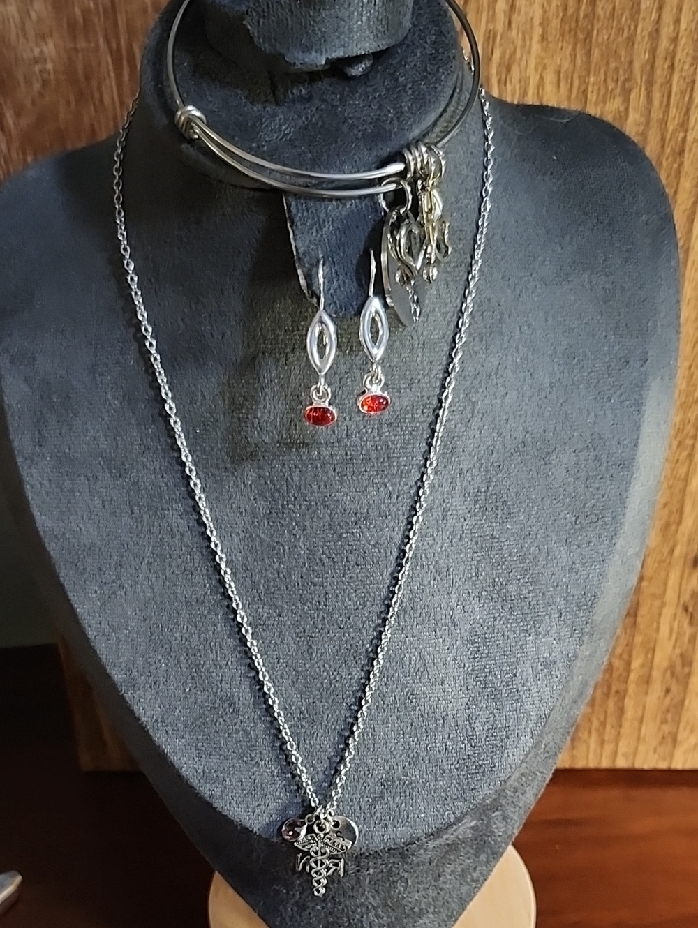 Nurse Silver Necklace with Red Accent Drop Earrings Set
